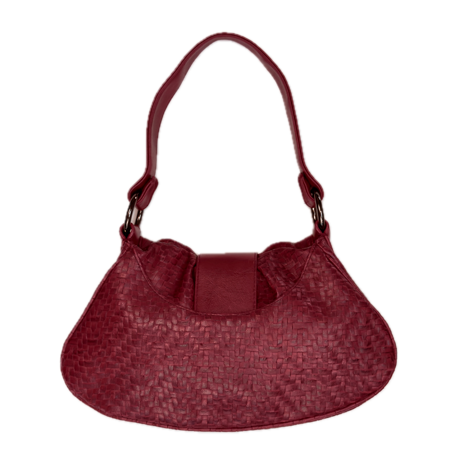 Rear view of a vintage Y2K Wallis red woven faux leather baguette shoulder bag featuring gunmetal hardware and a smooth center flap.