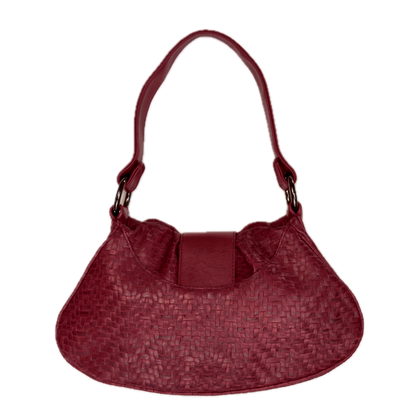 Rear view of a vintage Y2K Wallis red woven faux leather baguette shoulder bag featuring gunmetal hardware and a smooth center flap.