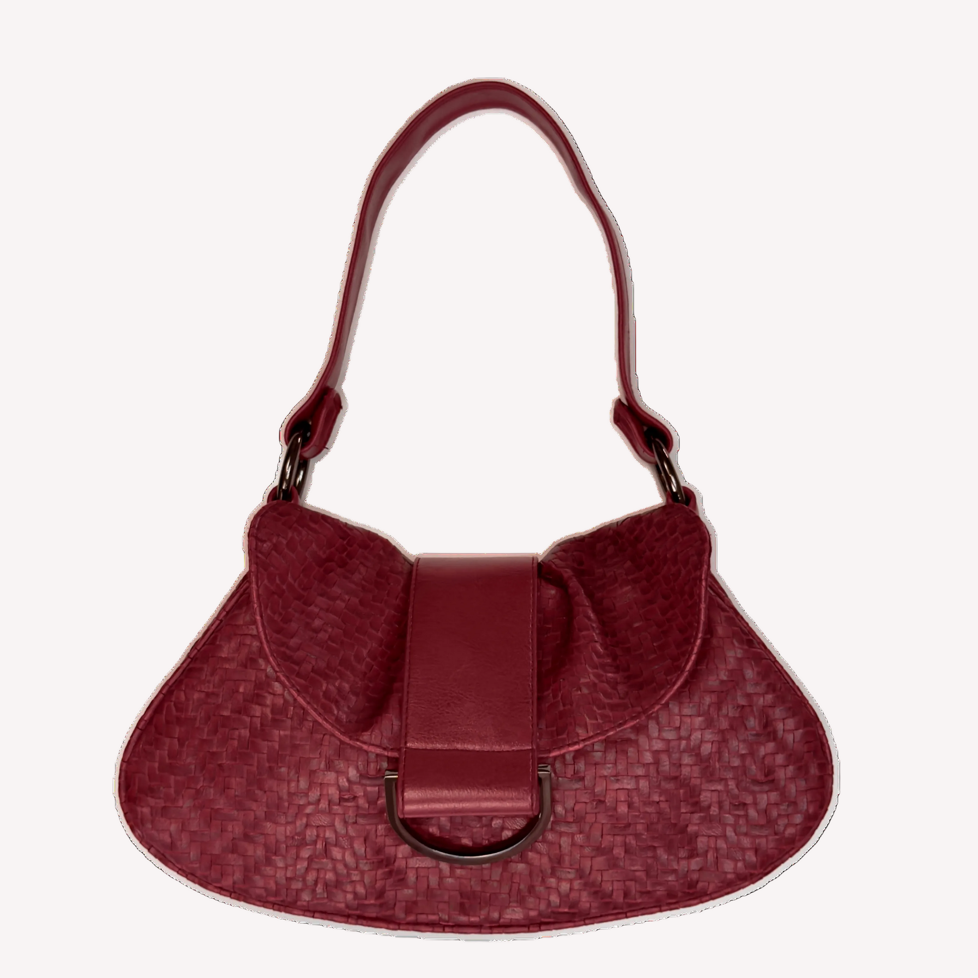 Front view of a vintage Y2K Wallis red woven faux leather baguette shoulder bag featuring gunmetal hardware and a smooth center flap.