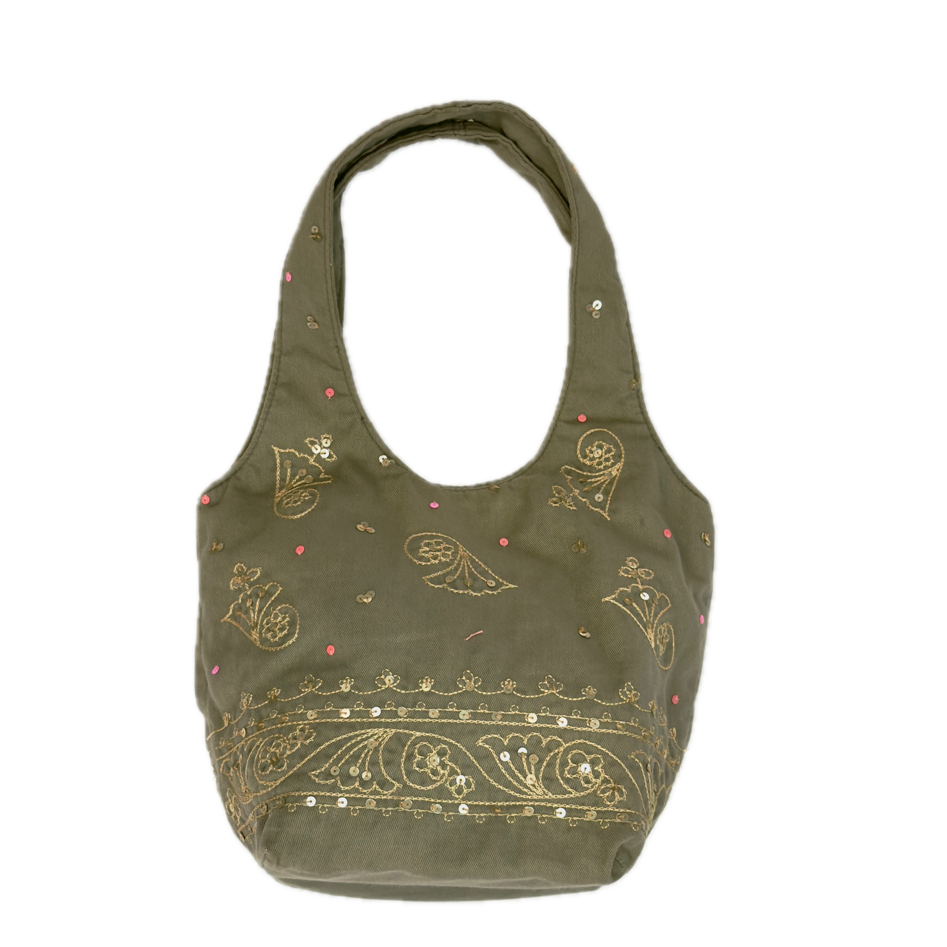 Rear view of a slouchy vintage Y2K Warehouse khaki sequin cotton bucket bag.