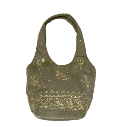Rear view of a slouchy vintage Y2K Warehouse khaki sequin cotton bucket bag.