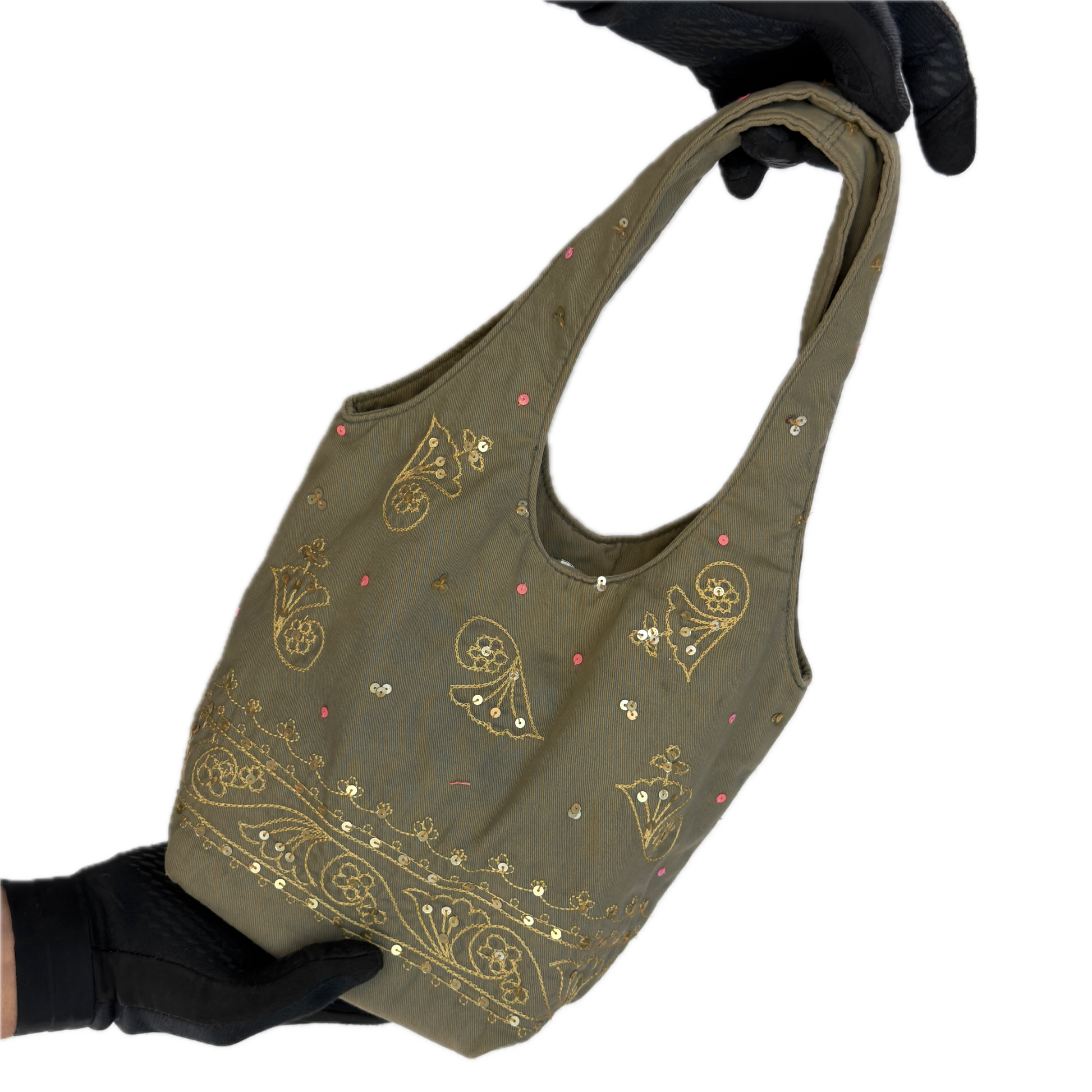Front view of a slouchy vintage Y2K Warehouse khaki sequin cotton bucket bag.