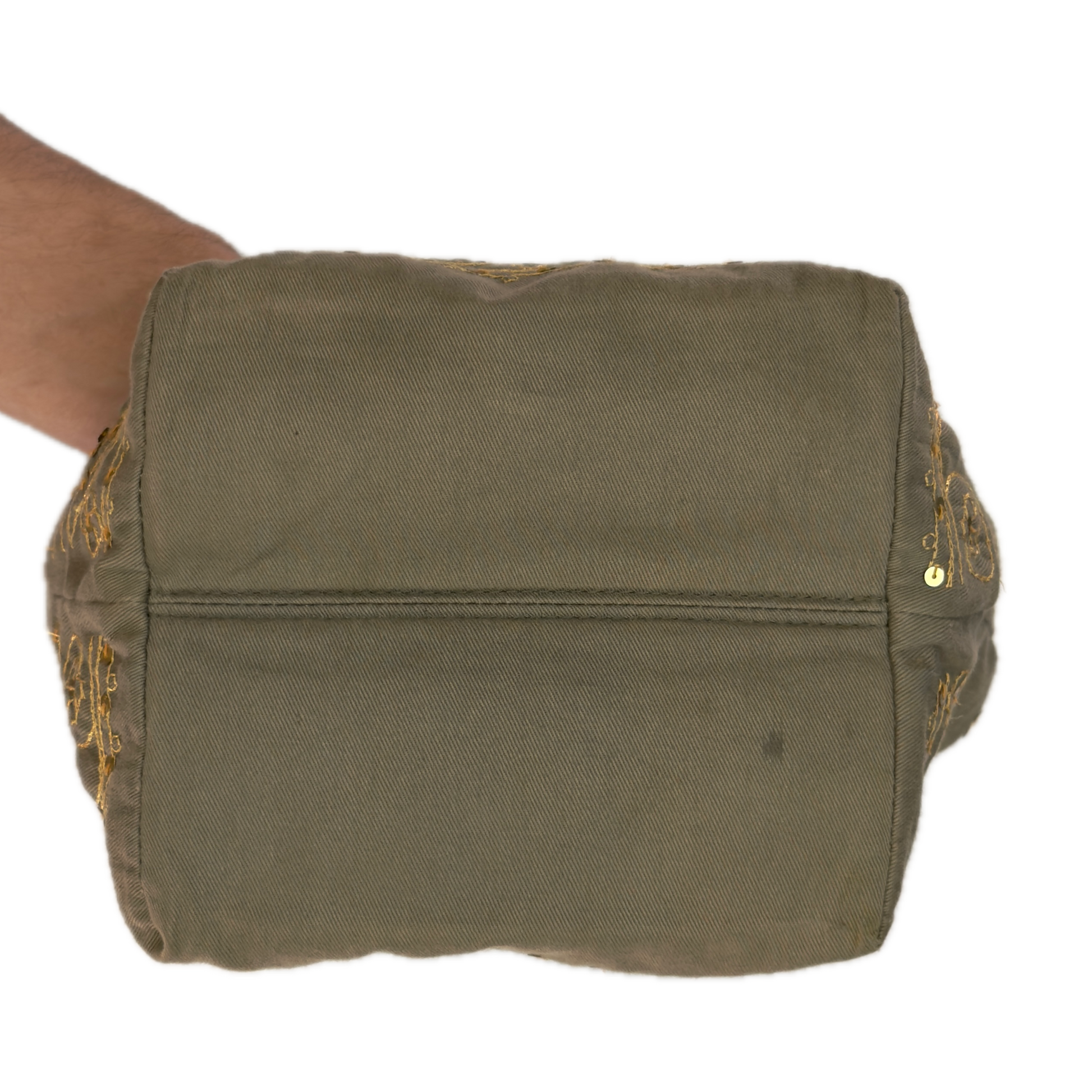 Bottom view of a slouchy vintage Y2K Warehouse khaki sequin cotton bucket bag.