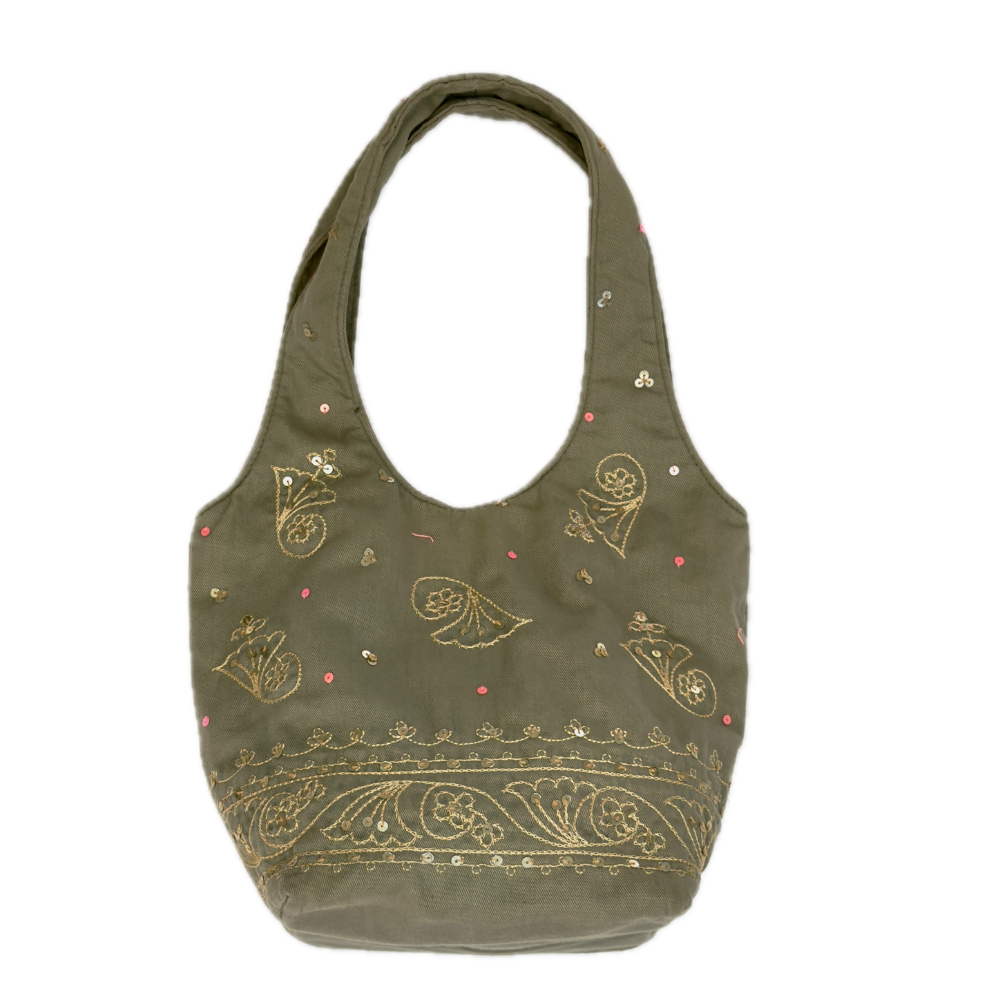 Front view of a slouchy vintage Y2K Warehouse khaki sequin cotton bucket bag.