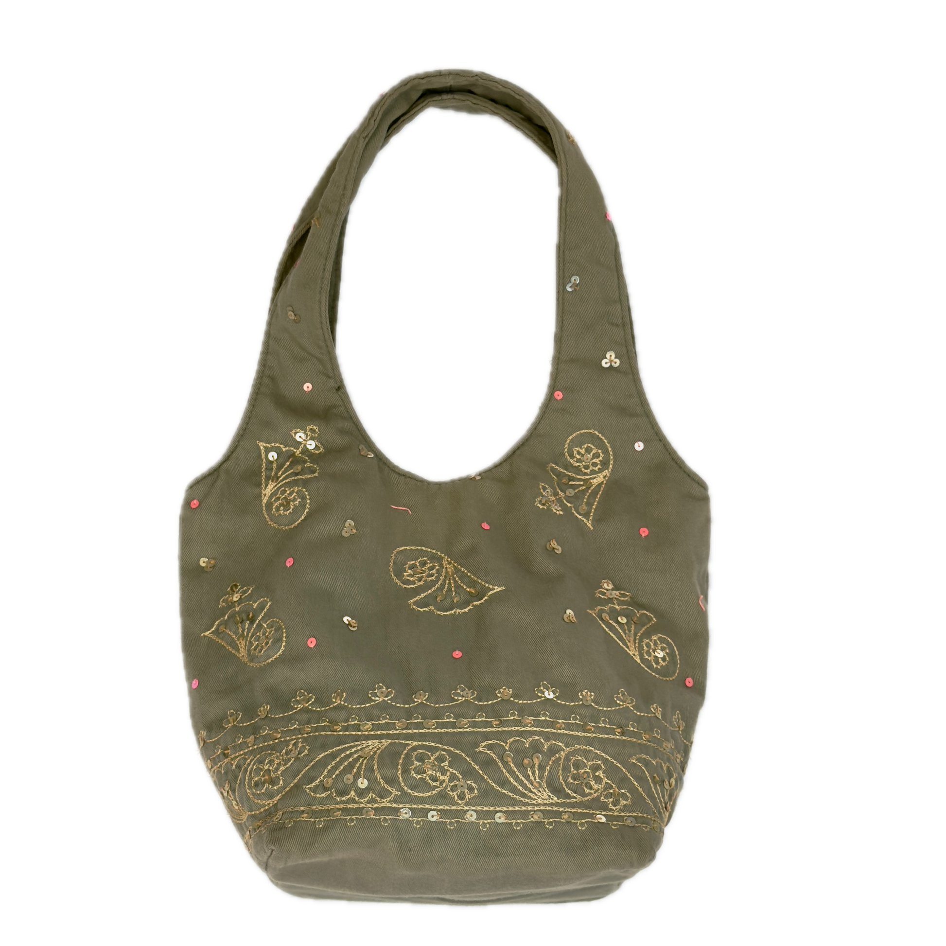 Front view of a slouchy vintage Y2K Warehouse khaki sequin cotton bucket bag.