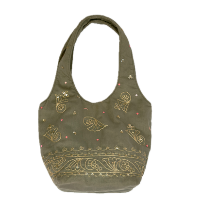 Front view of a slouchy vintage Y2K Warehouse khaki sequin cotton bucket bag.