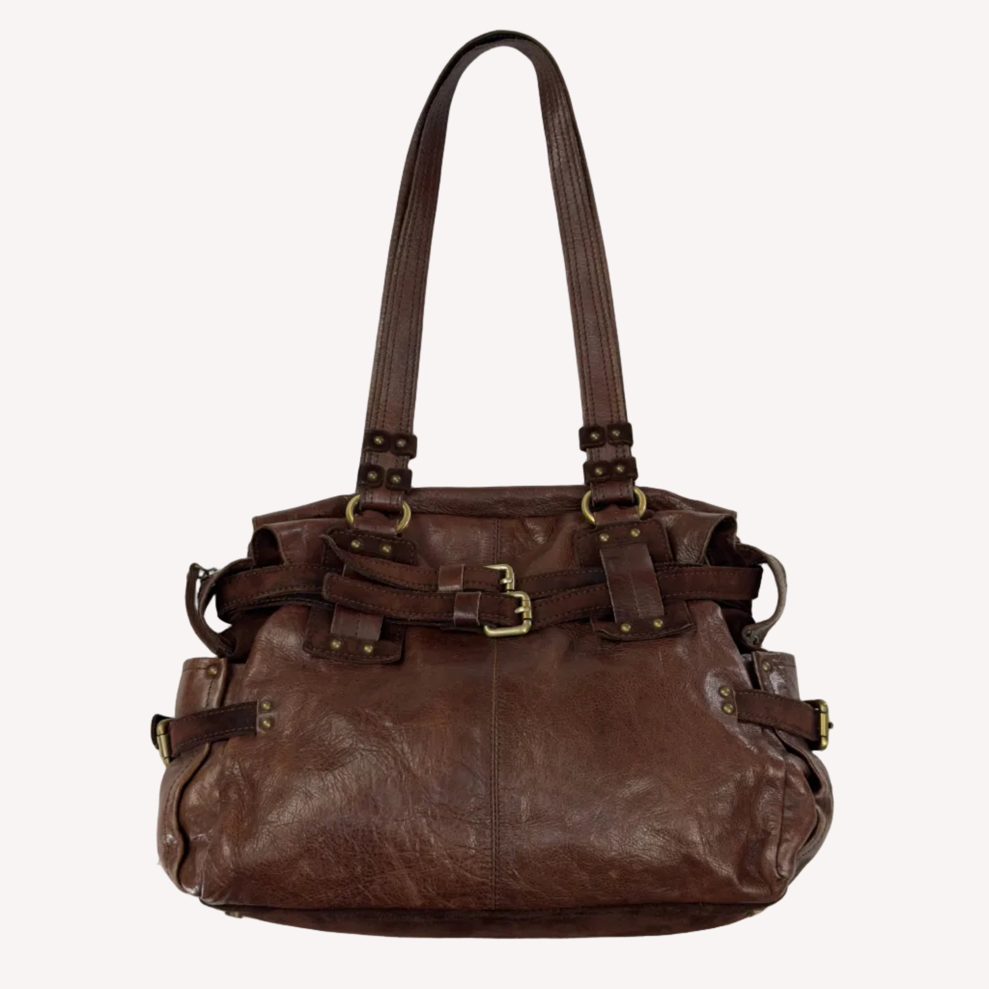 Vintage Zippo slouchy shoulder bag crafted from distressed brown crinkled leather, featuring a sturdy suede base and utilitarian antique brass hardware.
