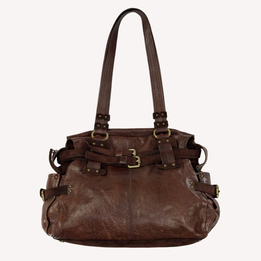 Vintage Zippo slouchy shoulder bag crafted from distressed brown crinkled leather, featuring a sturdy suede base and utilitarian antique brass hardware.